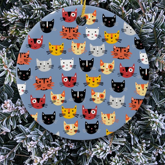 Fun Kitty Cat Ceramic Tree Decoration (Fun kitty cat pattern Christmas ornament)