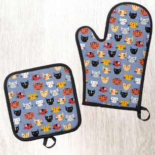 Fun Kitty Cat Pattern Blue Oven Mitt & Pot Holder Set