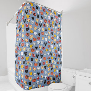 Fun Kitty Cat Pattern Blue Shower Curtain