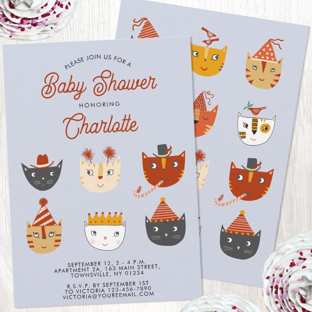 Fun Kitty Cat Personalised Baby Shower Invitation (Cute kitty cat personalized baby shower invitation, gender neutral for a baby boy or girl)