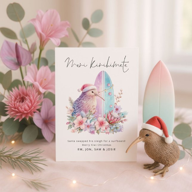 Fun Kiwi Surf board Meri Kirihimete NZ Christmas Holiday Card (Creator Uploaded)