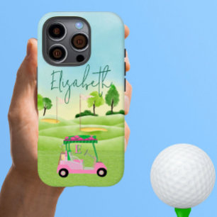 Fun Lady Golfer Pink Cart Clubs Monogram Name iPhone 16 Pro Case