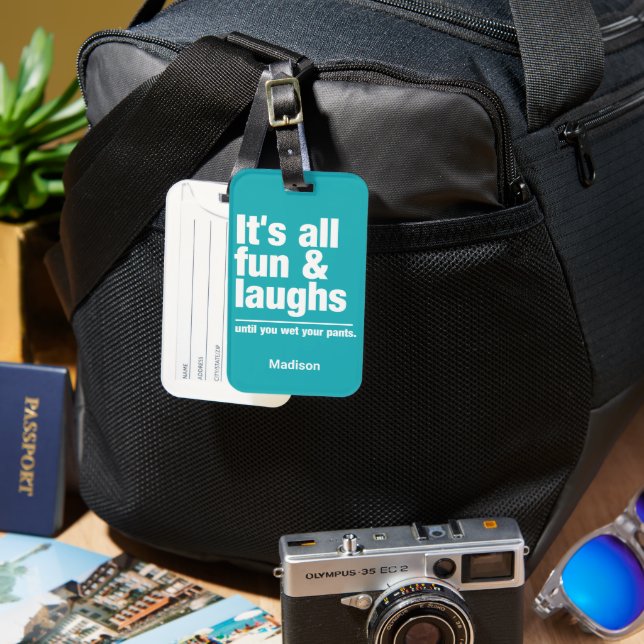 FUN & LAUGHS custom name & colour Luggage Tag (Front & Back)
