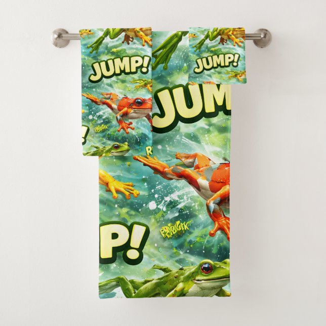 Fun leaving frogs, colourful bath towel set (Insitu)