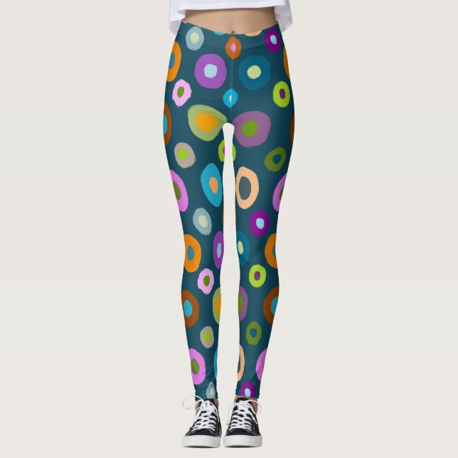 Fun leggings all over colourful dots on dark blue (Front)