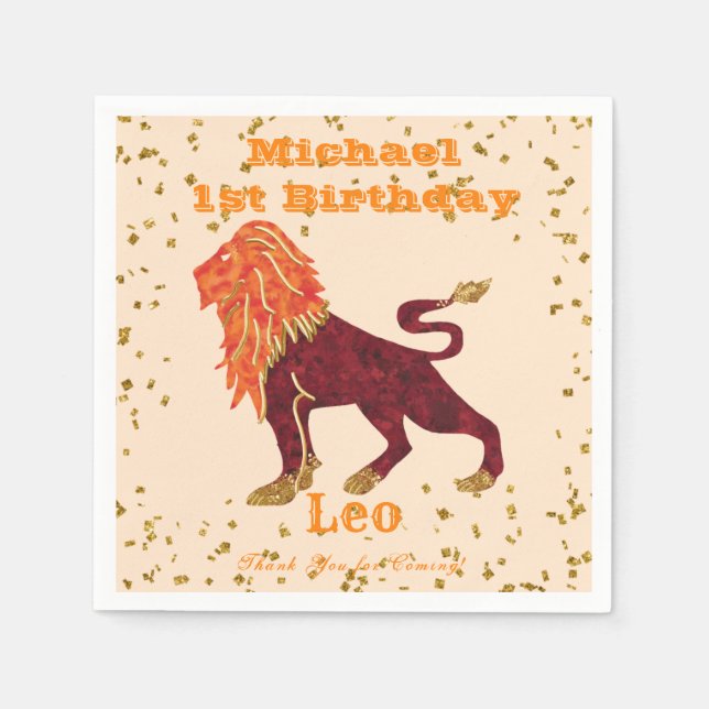 Fun Leo First Birthday & Gold Confetti Napkin (Front)