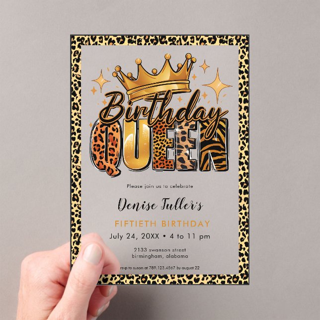 Fun Leopard Birthday Queen Fifty Birthday Acrylic Invitations (Insitu (Handheld))