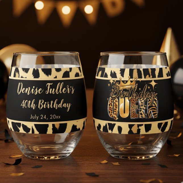Fun Leopard Birthday Queen Forty Birthday Stemless Wine Glass (Creator Uploaded)