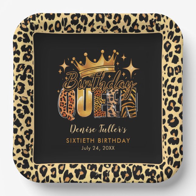 Fun Leopard Birthday Queen Sixty Birthday Paper Plate (Front)