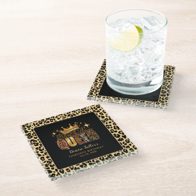 Fun Leopard Birthday Queen Thirty Birthday Glass Coaster (Angled)