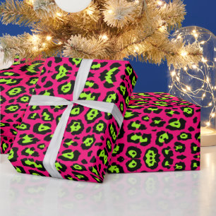 Fun leopard print neon chartreuse green hot pink wrapping paper