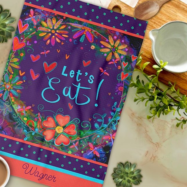 Fun Let’s Eat Quote Floral Heart Name Kitchen Tea Towel (Creator Uploaded)
