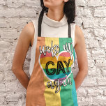 Fun LGBTQ Pride self-ironic rainbow flag Apron<br><div class="desc">Fun self-ironic LGBTQ Pride rainbow flag apron featuring the caption Woke up gay again in white and black modern lettering decorated with a rainbow heart.</div>