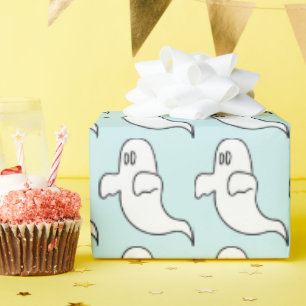 Fun Light Blue and White Halloween Ghost Pattern  Wrapping Paper