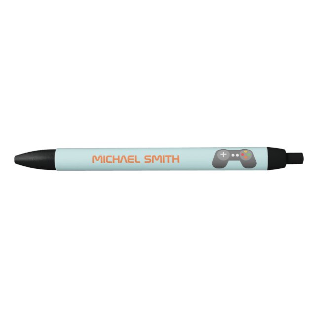 Fun Light Blue Video Game Themed Black Ink Pen (Front)