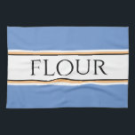 Fun Light Blue White Kitchen FLOUR Racing Stripes Tea Towel<br><div class="desc">This retro culinary design features FLOUR text inside a wide white centre stripe highlighted with black,  yellow,  and white racing stripes against soft blue outer stripes.  The text can be personalised.</div>