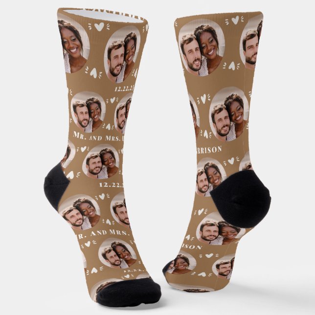 Fun Light Brown Newlyweds Photo Pattern Socks (Angled)