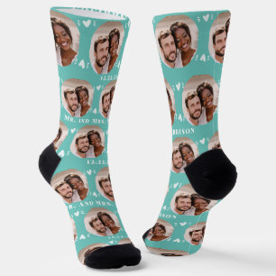 Fun Light Teal Newlyweds Photo Pattern Socks