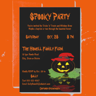 Fun Lighted Jack O'Lantern Black Halloween Party Invitation