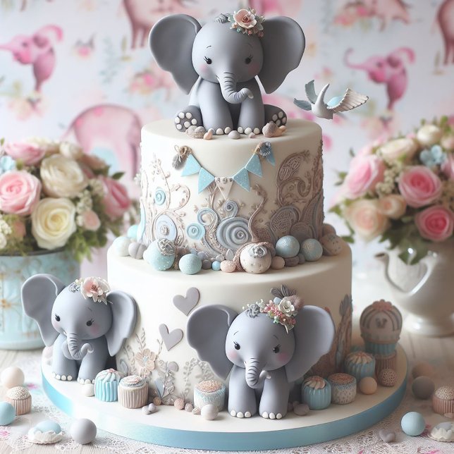 FUN LITTLE ELEPHANTS LAYER CAKE (Baby Elephants Baby Shower Invitation)