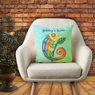 Fun Lizard Bright Colours Stick Leaf on Blue Green Cushion
