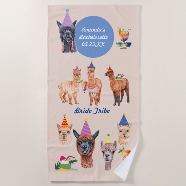 Fun Llamas and Cocktails Bachelorette Party  Beach Towel (Front)