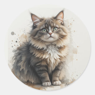 Fun Long Haired Tabby Cat Kitten Pet Animal Classic Round Sticker