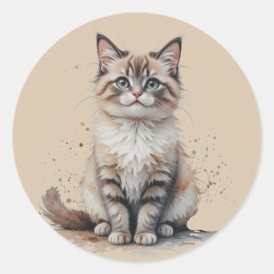 Fun Long Haired Tabby Cat Kitten Pet Animal Classic Round Sticker