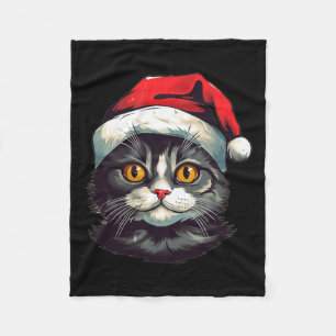 Fun Looking Cat Face With Christmas Hat For Yuleti Fleece Blanket