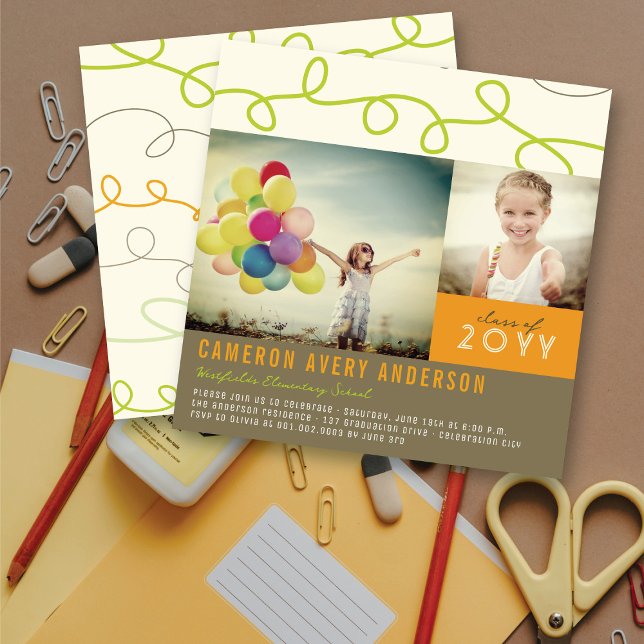 Fun Loops Scribbles Graduation Photo Party Invite (Preppy Orange, Lime Green and Grey Scribbles Modern 2 Photo Graduation Party Invitation @ fatfatin)