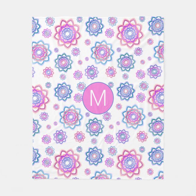 Fun Lotus Flower Monogram Pink Pastel Green Fleece Blanket (Front)