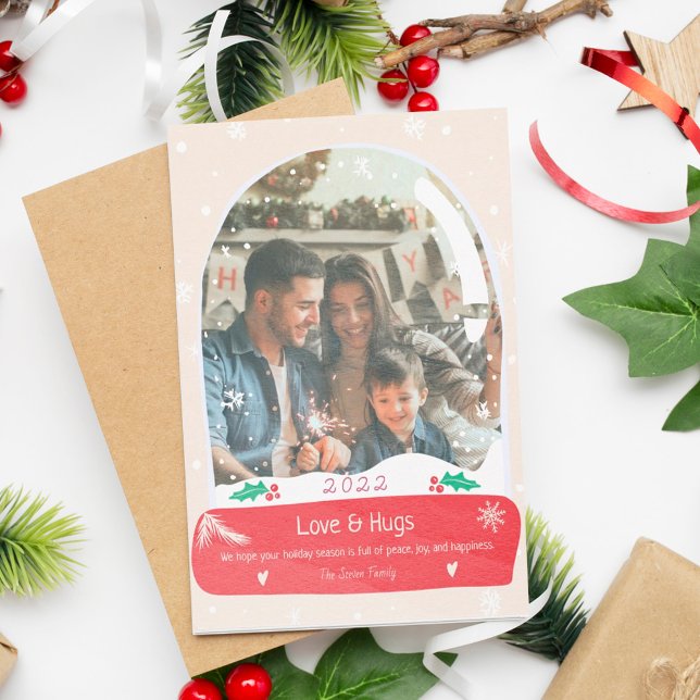 Fun love and hugs photo snow globe illustration holiday card (Creator Uploaded)