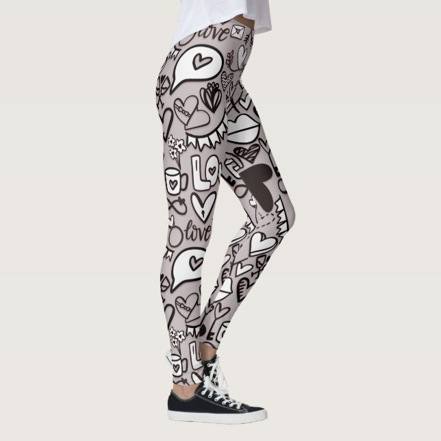 Fun Love Hearts Lips Doodle Comic Style Printed Leggings (Right)