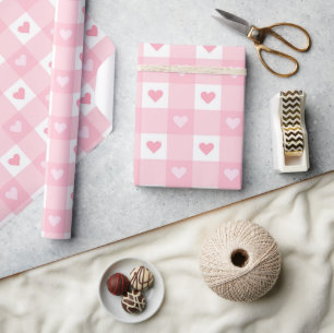 Fun Love Pink And White Plaid Heart Pattern Wrapping Paper