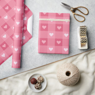 Fun Love Pink Heart Chequered Pattern  Wrapping Paper