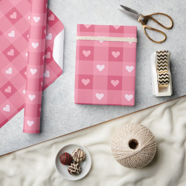 Fun Love Pink Heart Chequered Pattern  Wrapping Paper (Crafts)