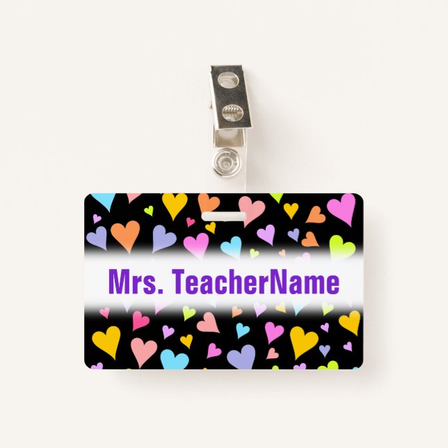 Fun, Loving, Colorful Hearts Pattern + Custom Name ID Badge (Front with Clip)