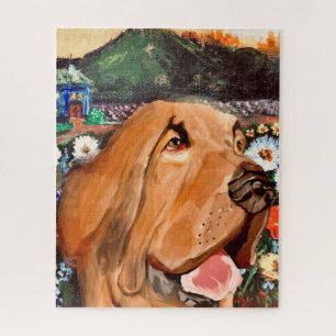 Fun-loving Dark Tan Dog Face with Cute Background Jigsaw Puzzle