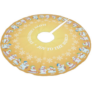 Fun Loving Snowmen and Snowflakes Gold Brushed Polyester Tree Skirt