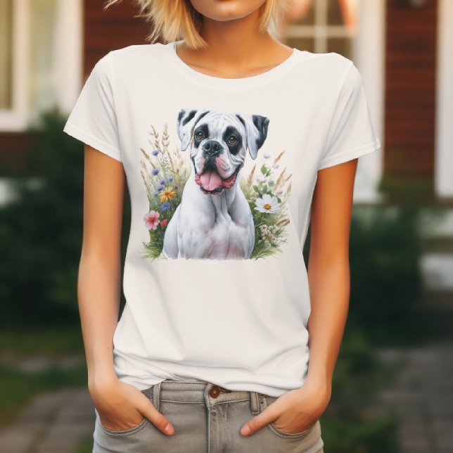 Fun Loving White Boxer Dog Amongst the Flowers T-Shirt (Creator Uploaded)