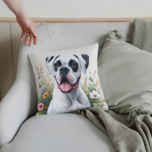Fun Loving White Boxer Dog in the Flowers Cushion