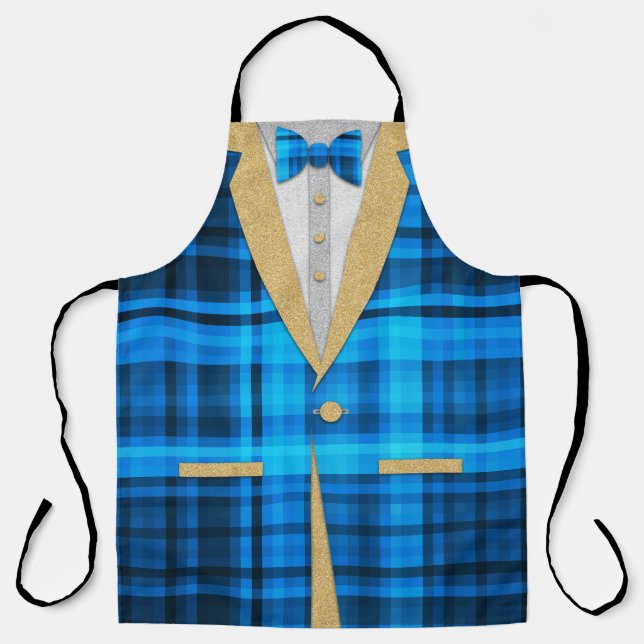 Fun Madras Gold Glitter Tuxedo With Blue Bow Tie Apron (Front)