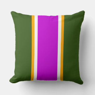 Fun Magenta Dark Green White Yellow Racing Stripes Cushion