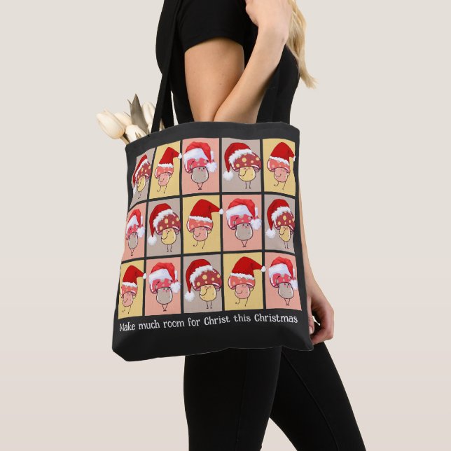 Fun MAKE MUCH ROOM FOR CHRIST Christmas Mushrooms Tote Bag (Close Up)