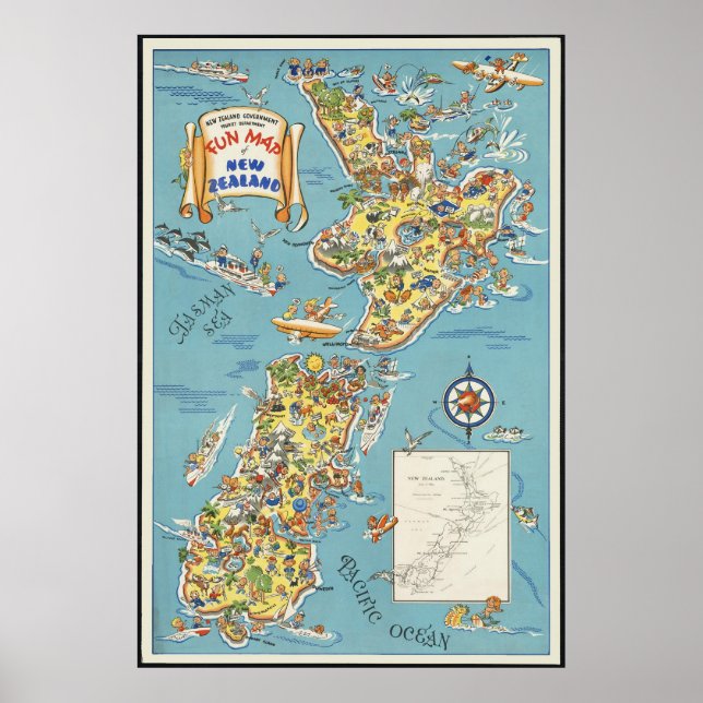 Fun map of New Zealand Poster (Front)