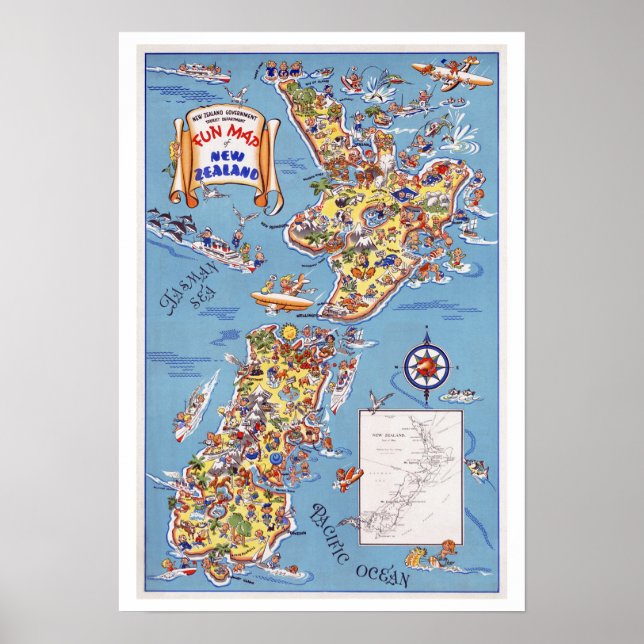 Fun Map of New Zealand ~ Vintage Travel Poster (Front)