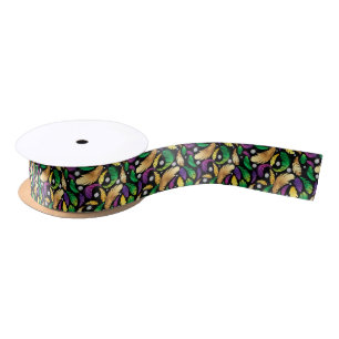 Fun Mardi Gra feathers pattern tiled Satin Ribbon