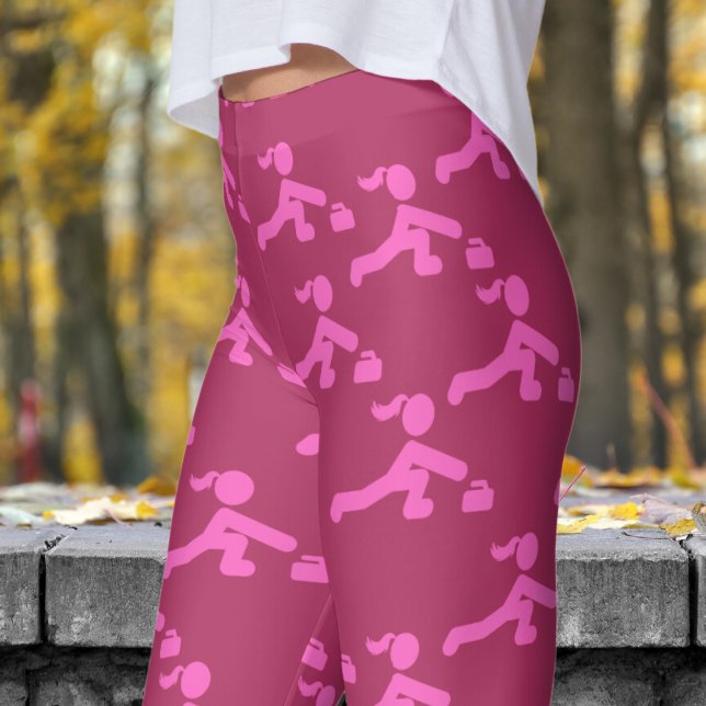 Fun Maroon Red and Pink Womens Curling Pattern Leggings (Womens Curling on Maroon Leggings)