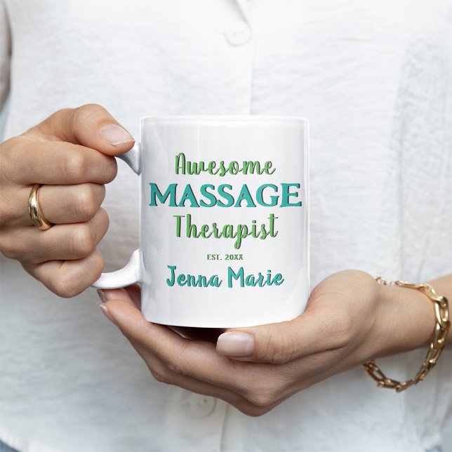 Fun Massage Therapist Teal Text Art Coffee Mug (Awesome Massage Therapist Customized Coffee Mug)