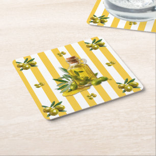 Fun Mediterranean-inspired Yellow Strip Olive Oil Square Paper Coaster